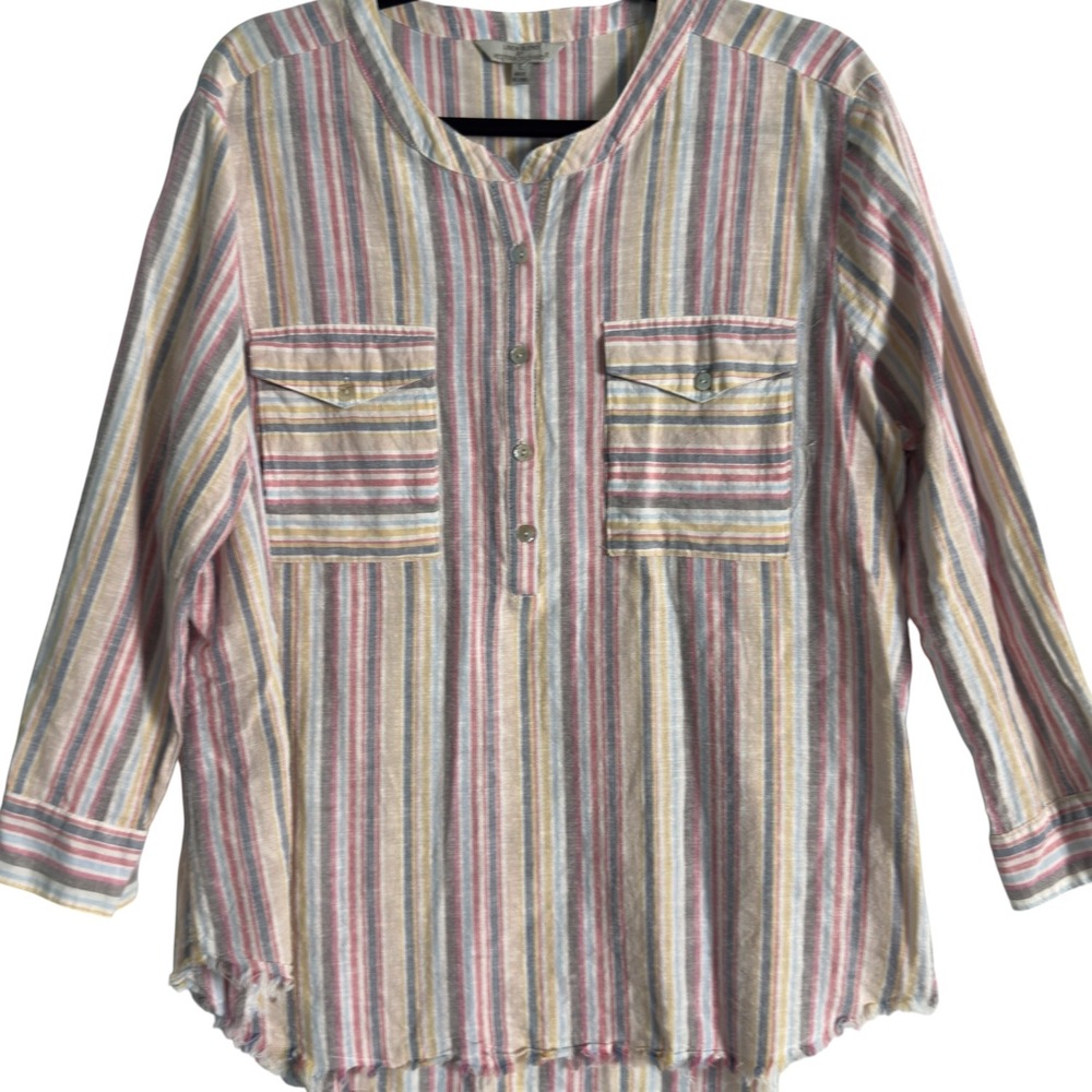 Hester & Orchard Striped Linen‎ Blend Button Top Women Large Boho Fringe Hem